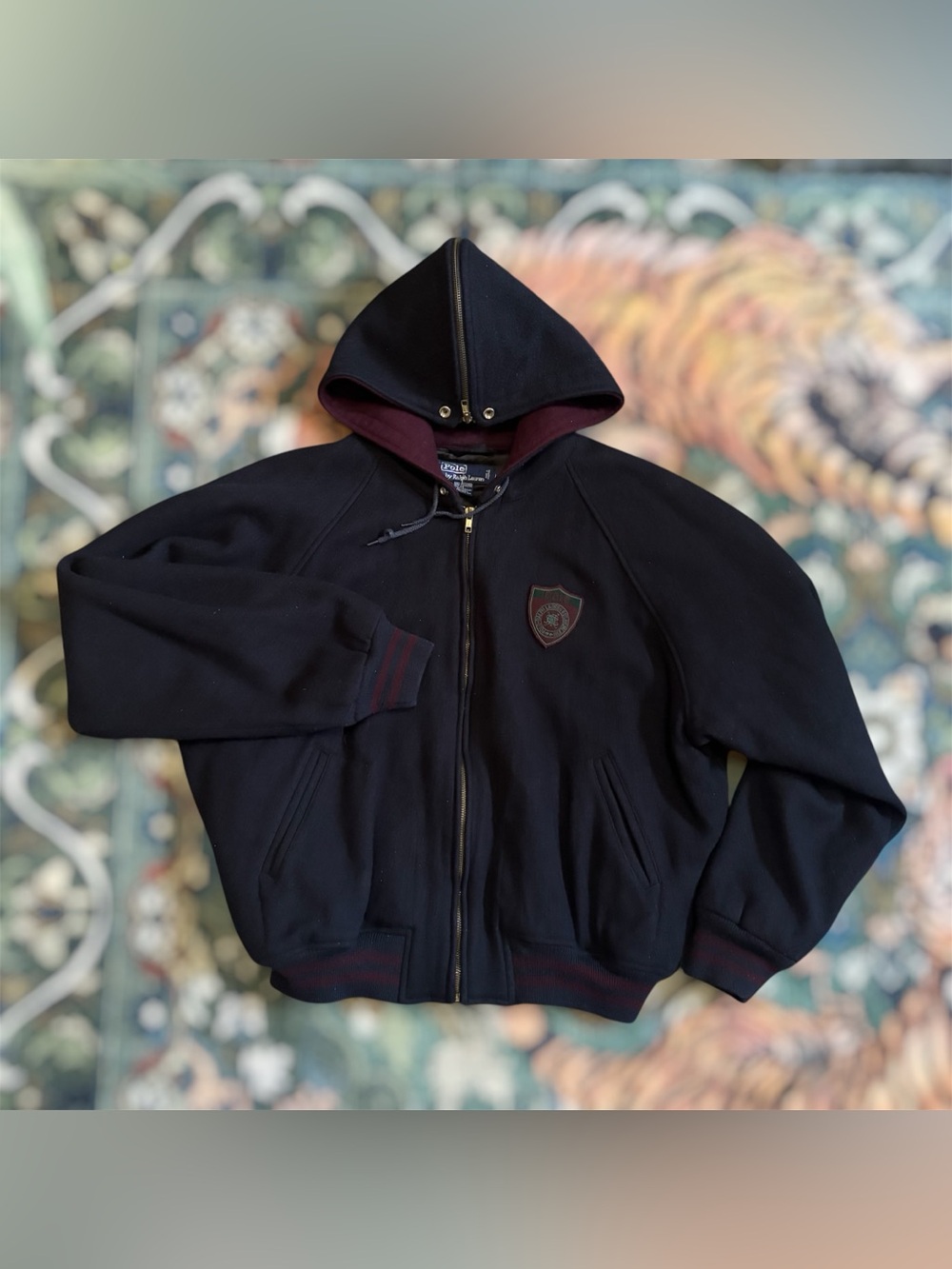 Vintage 90s Polo Ralph Lauren Wool Varsity Jacket Scribble Shield Badge Hooded
